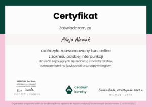 Certyfikat potwierdzajacy znajomość polskiej interpunkcji na zaawansowanym poziomie