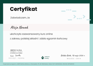 Certyfikat potwierdzający znajomość polskiej składni na poziomie zaawansowanym